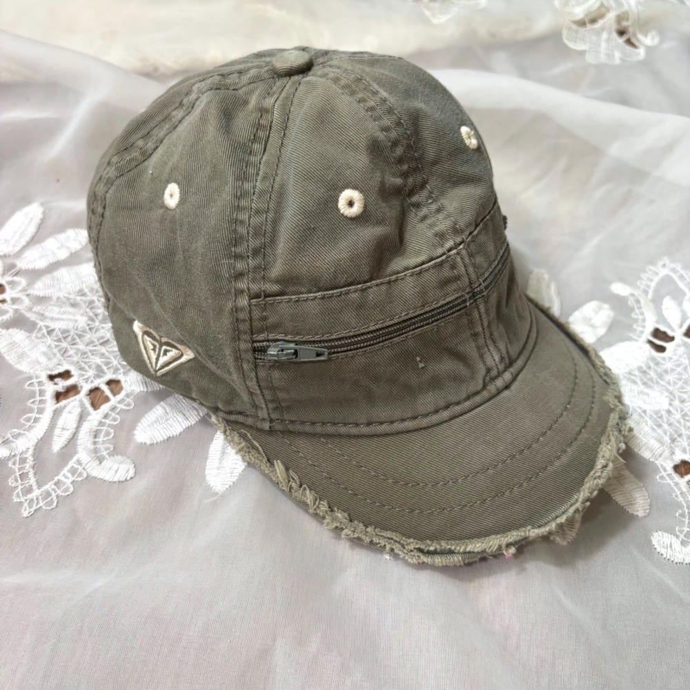 Y2K Grunge Rare Roxy Olive Green Military Cadet Hat Distressed Zipper Pocket Cap